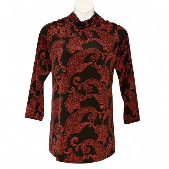 Susan Graver Red Black Paisley Tunic Top Plus Sz 1X Ruched Neck Stretch Holiday - Picture 2 of 9